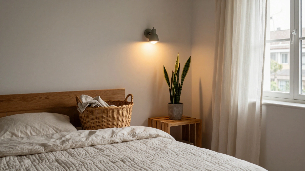 A simple bedroom corner with a hand-quilted cover, woven basket, and snake plant in warm, dimmed lighting.