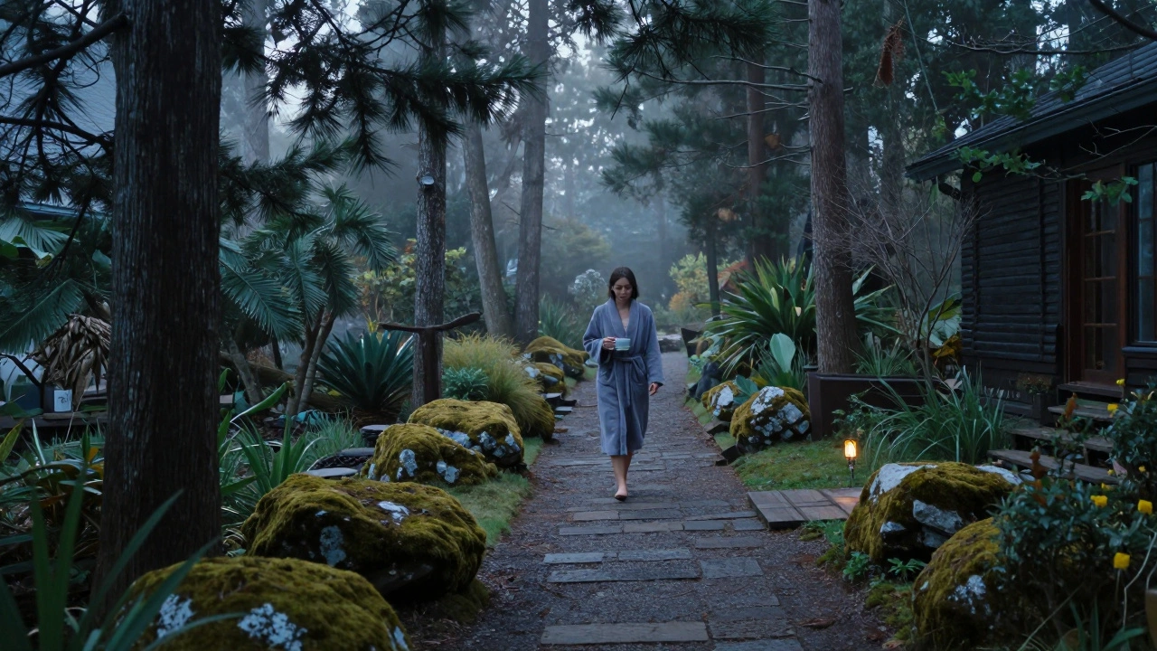 A woman walking alone through a misty forest garden at dawn, holding a teacup in peaceful solitude.
