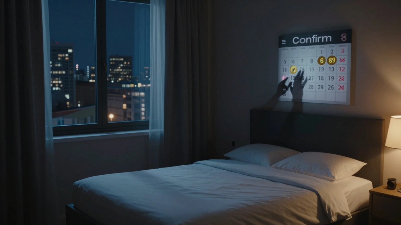 An empty hotel room at night with a digital price board changing from high to low as a hand clicks 'Book Now'.