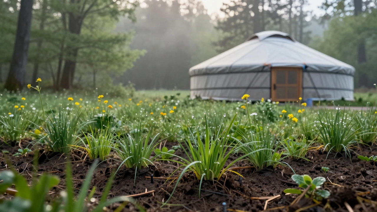 Grass growing back on soil where a temporary yurt platform used to stand.