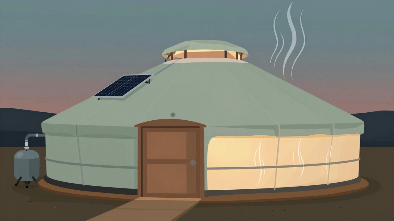Illustration of a yurt with solar panels and rainwater collection system.