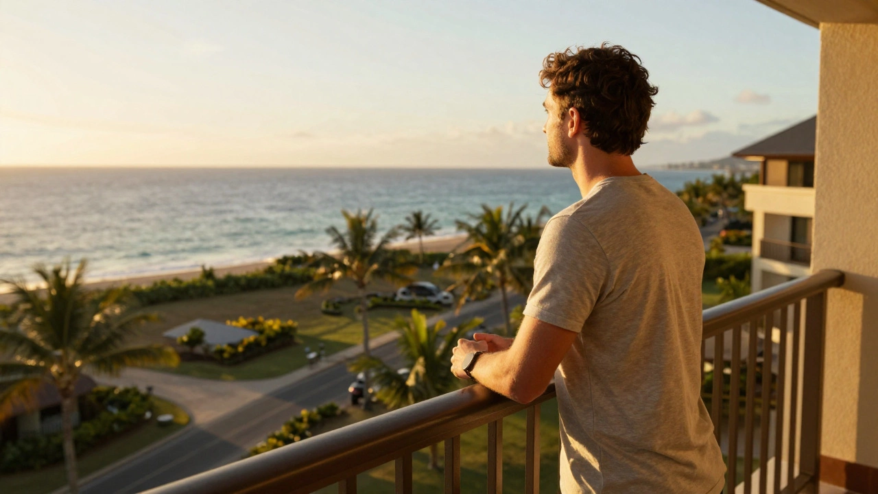 Traveler on balcony looking at ocean view from a distance.