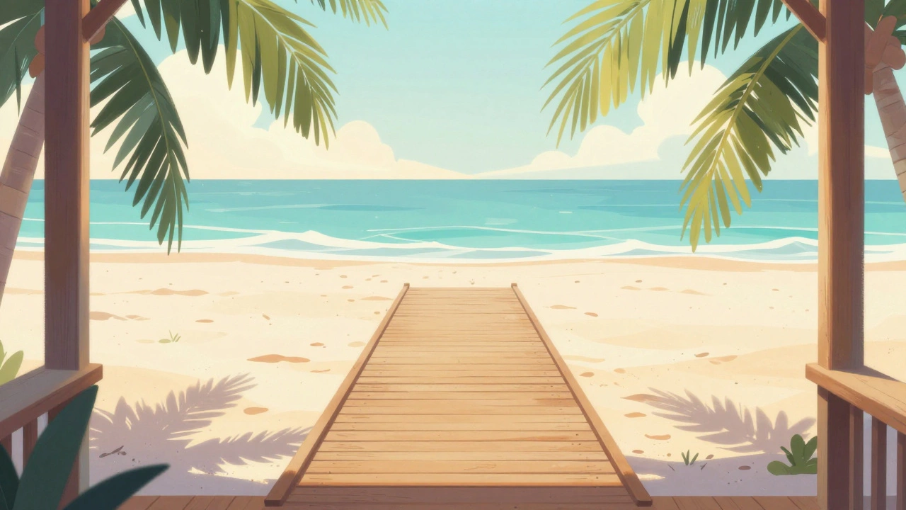 Wooden walkway leading from a home directly onto the sandy beach.