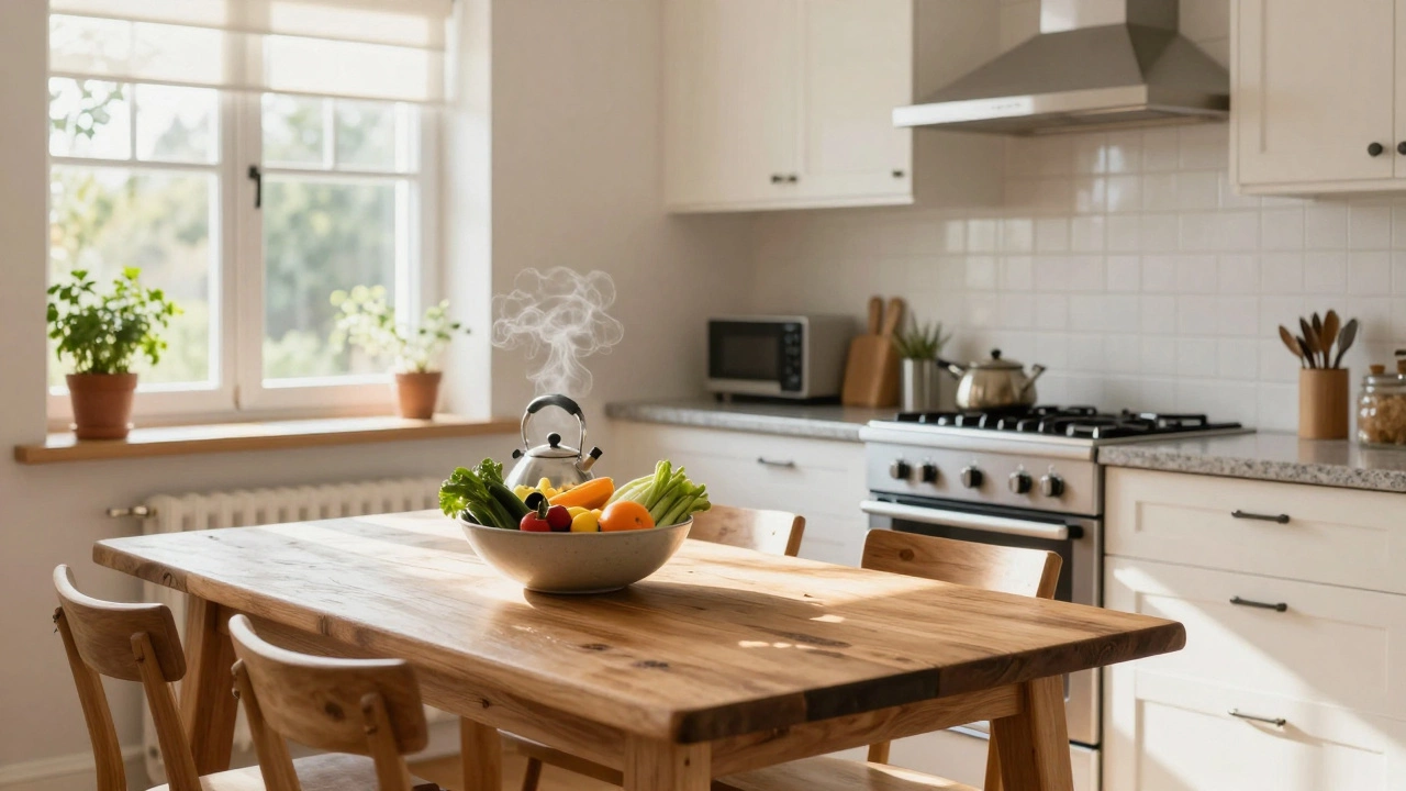 A bright, fully equipped rustic kitchen and dining area in a holiday rental.
