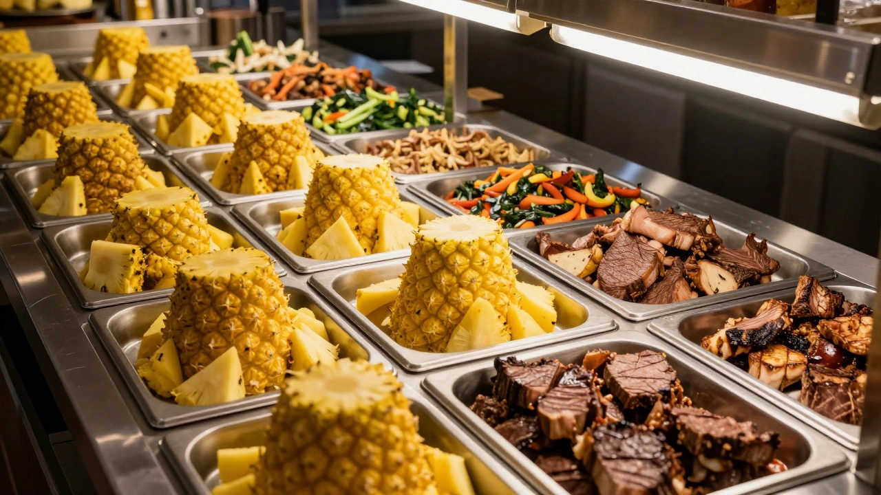 A close-up of a massive, impersonal hotel buffet with large quantities of food.
