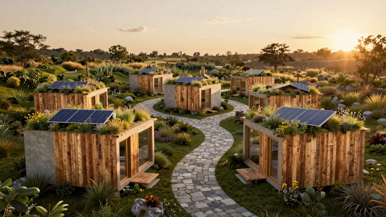 A cluster of small, sustainable eco-cottages with living roofs in a natural landscape.