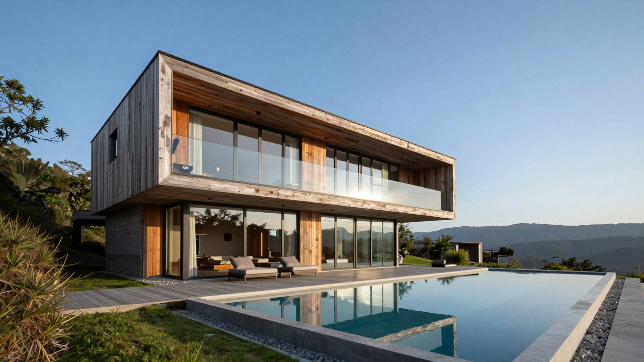 A luxury sustainable villa with a private infinity pool in a natural setting.