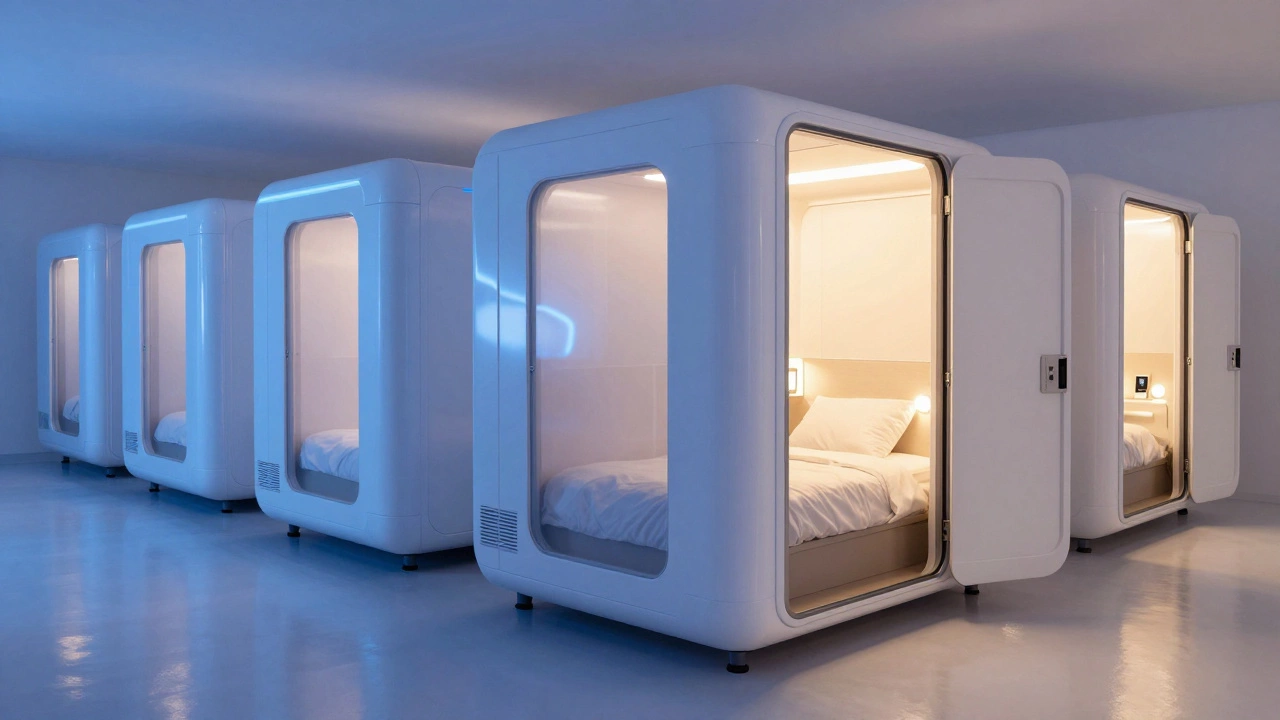 A modern pod hotel featuring a row of futuristic sleeping capsules