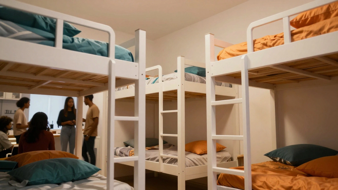A social hostel dormitory with multiple bunk beds and colorful linens