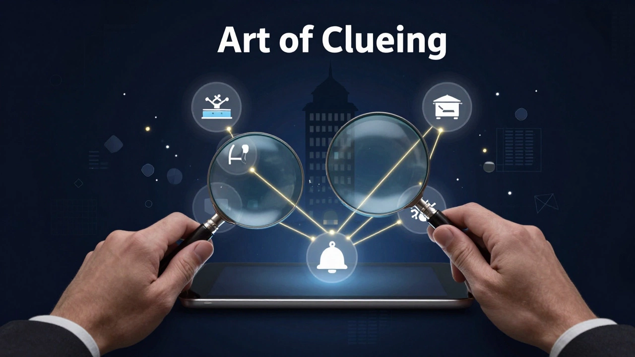 Hands using a magnifying glass to connect hotel amenities to a secret building silhouette.