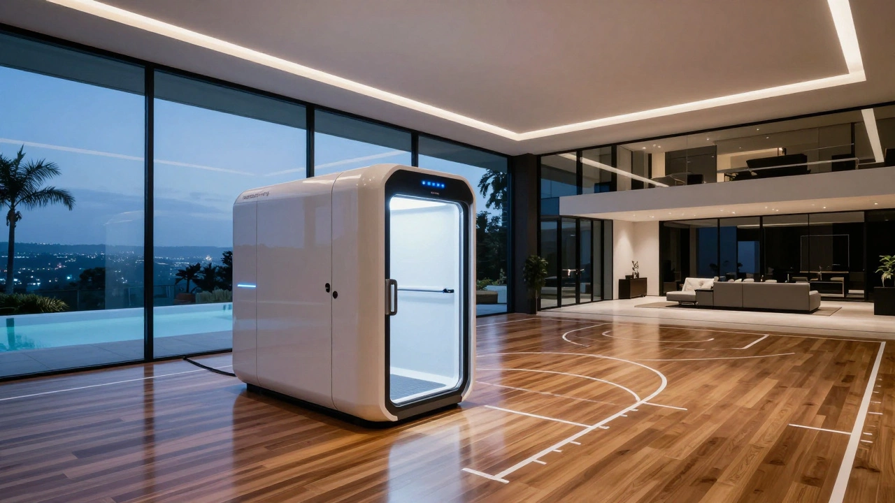 Interior of a modern luxury mansion featuring a wellness wing and basketball court.