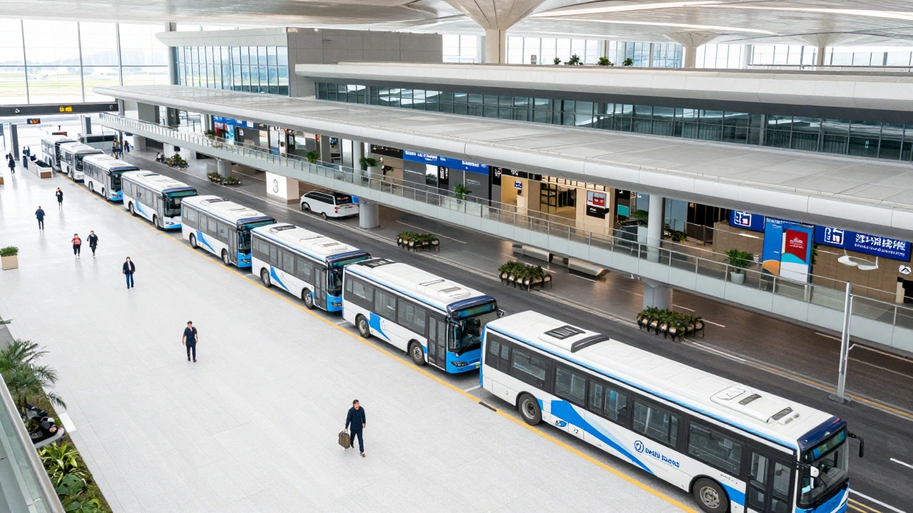 Modern airport hotel exterior with shuttle buses and travelers arriving at the terminal.