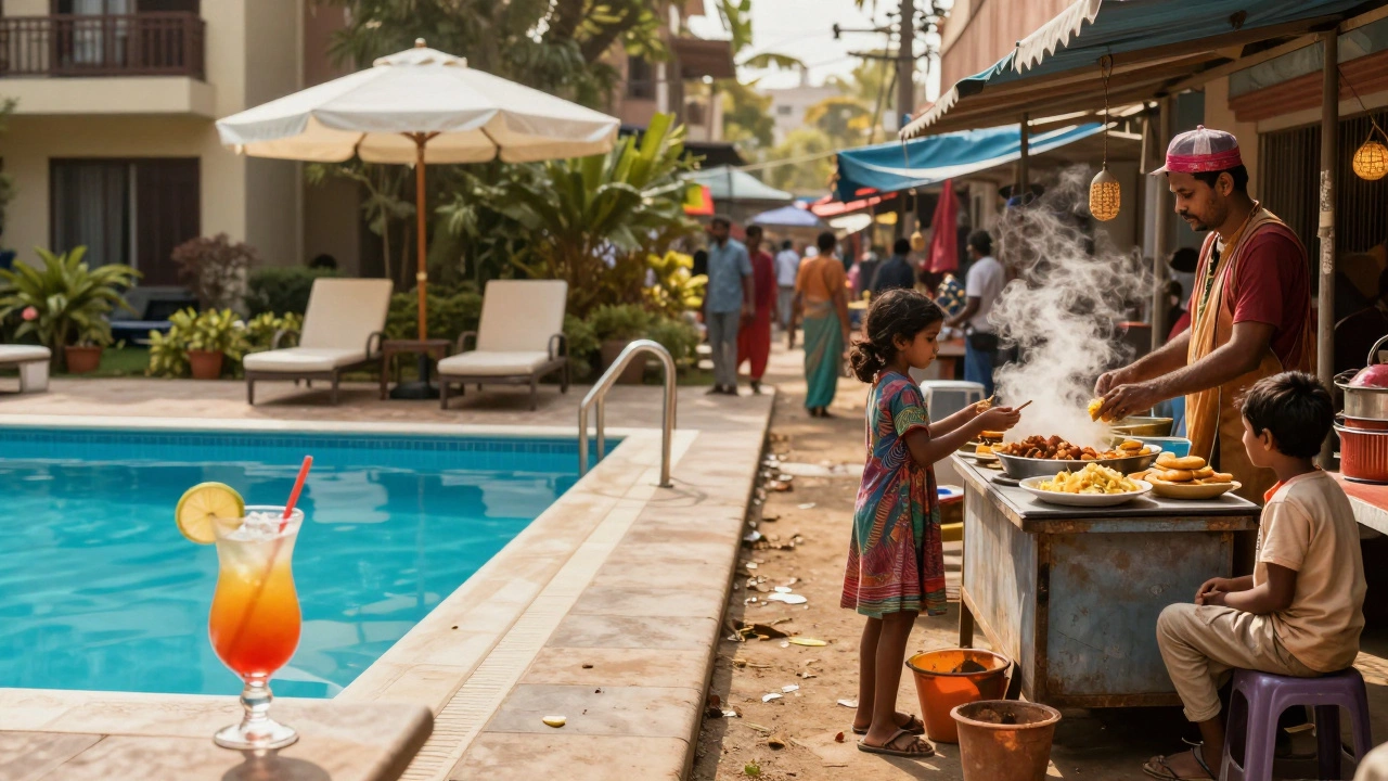 Split screen comparing a sterile resort poolside with a vibrant local Indian market.