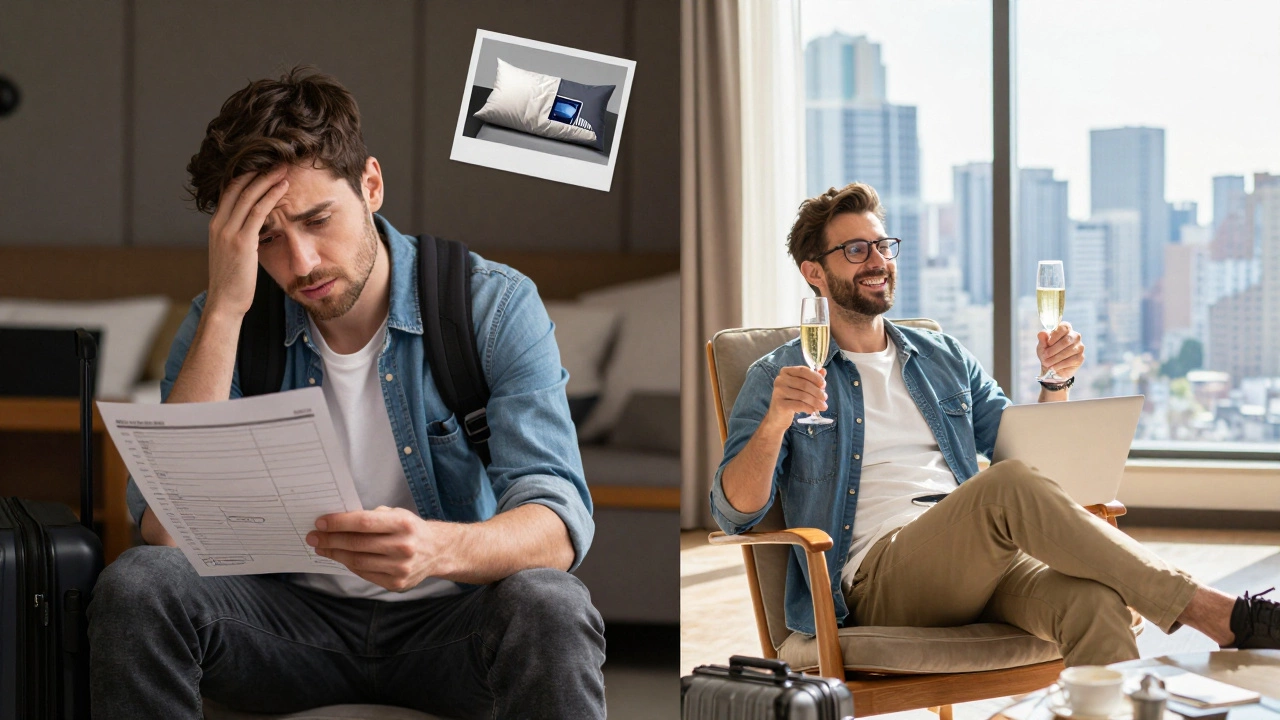 Split screen showing a stressed traveler versus a relaxed traveler in a luxury hotel suite.