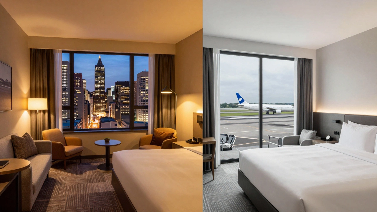 Split view of a cozy city hotel room with a skyline and a functional airport hotel room.