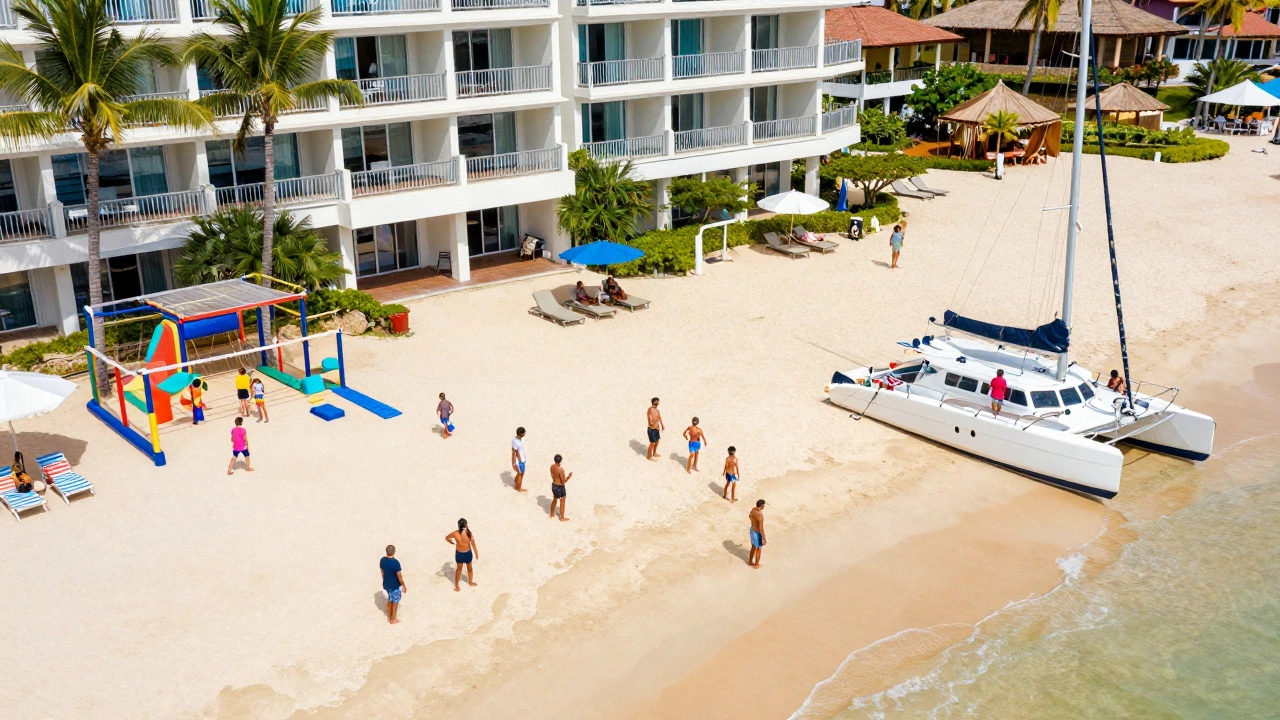 Aerial view of families and couples enjoying diverse resort activities