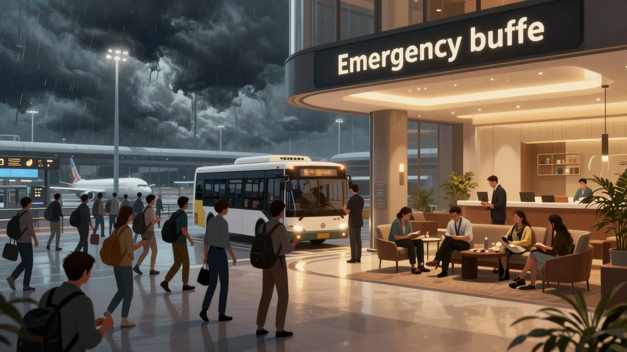 Contrast between chaotic storm-delayed airport and calm hotel lobby for stranded guests