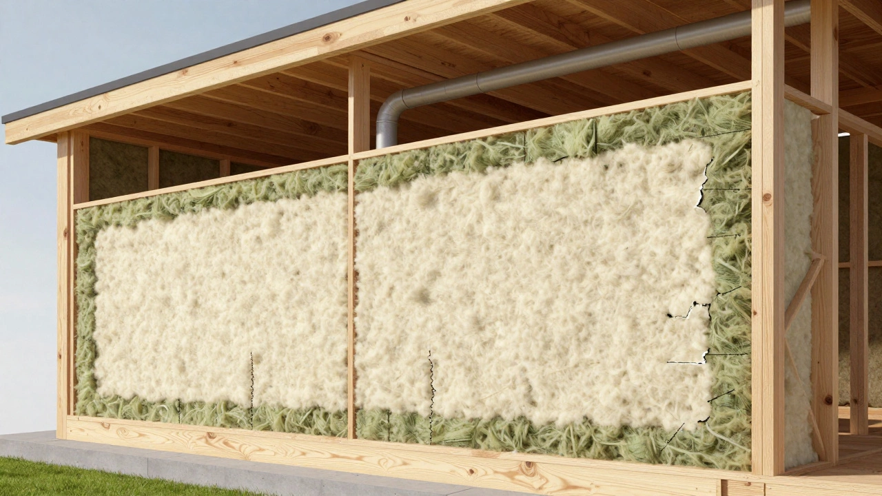 Cutaway view of eco-home wall showing natural insulation and timber frame layers