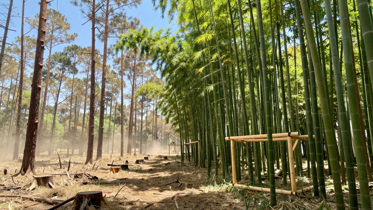 Deforested land vs thriving bamboo forest with sustainable timber