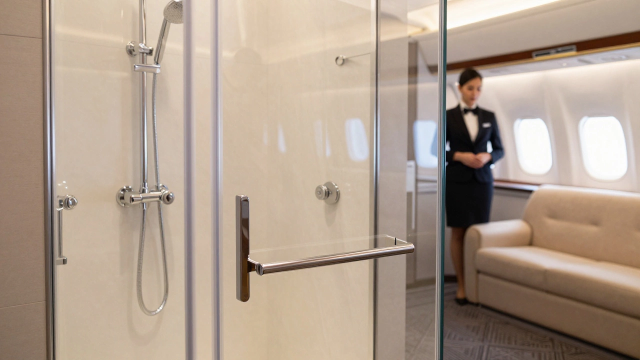 Emirates First Class suite featuring an onboard shower spa