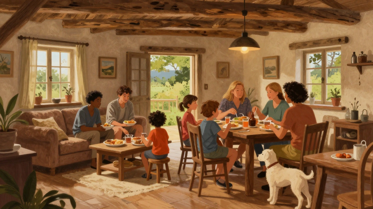 Family and pet enjoying a meal in a cozy, private self-catering cottage living room
