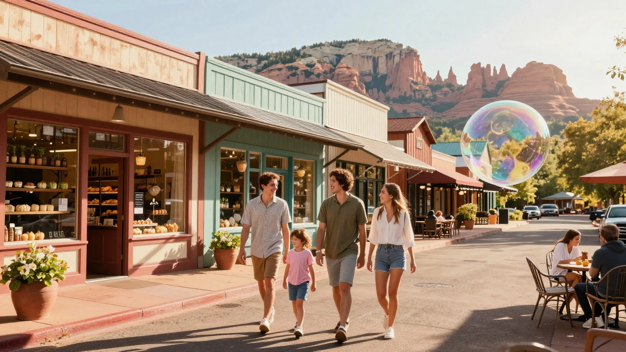 Family exploring local shops and cafes instead of staying at a resort