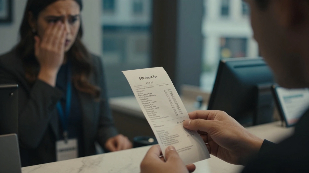 Guest reviewing hotel bill with hidden resort fees and extra charges
