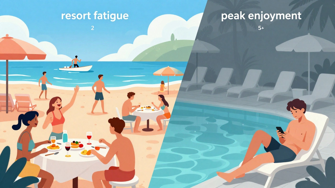 Illustration contrasting vibrant resort fun with boredom and fatigue
