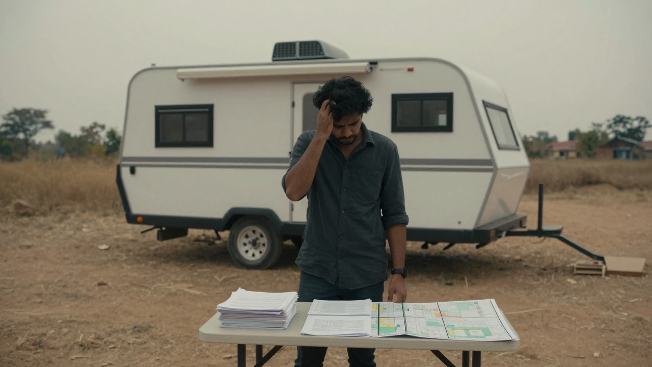 Person reviewing zoning laws next to a tiny house on wheels in rural India