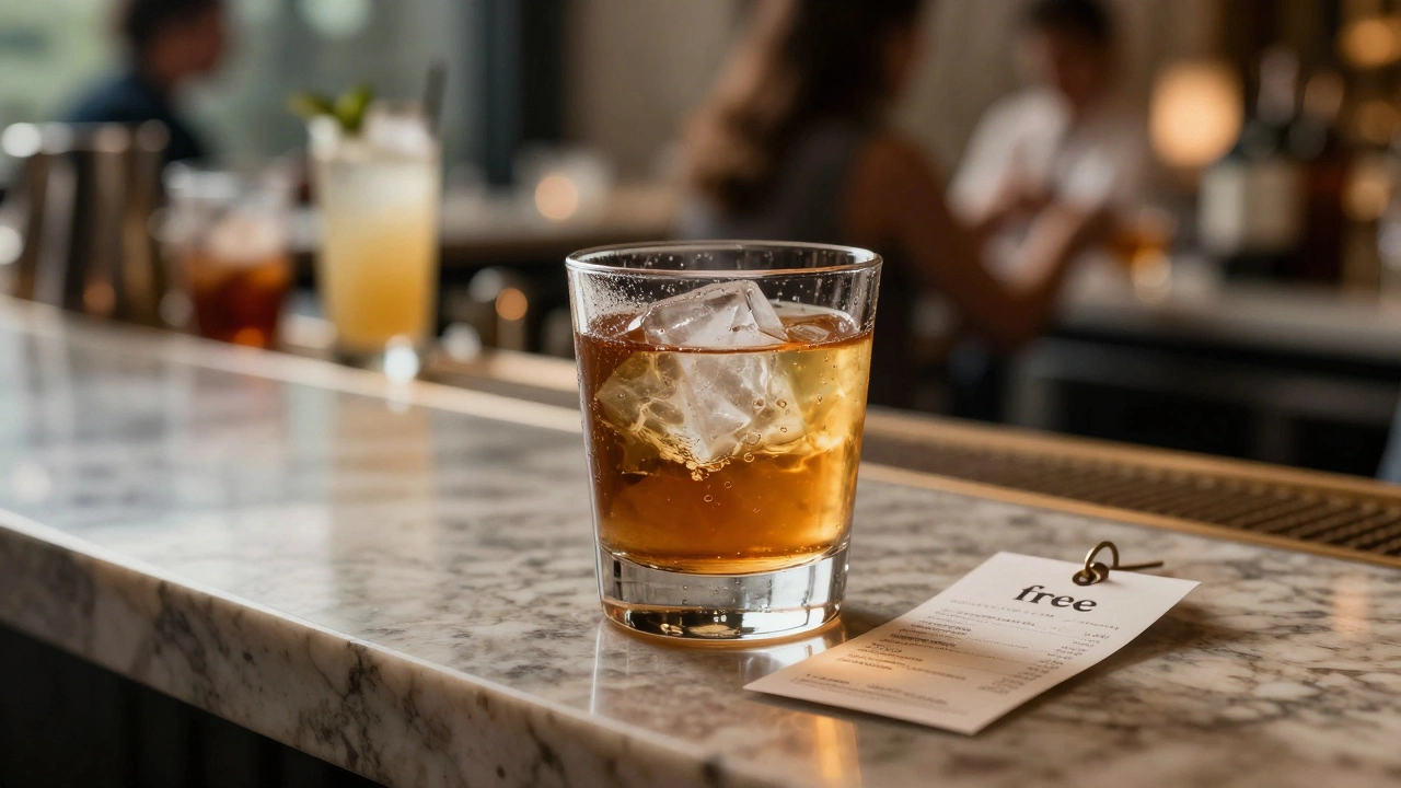 Premium cocktail with price tag on resort bar counter