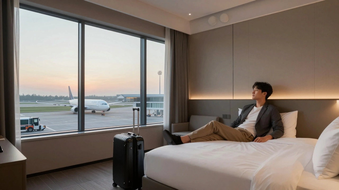 Refreshed business traveler in a quiet, soundproofed airport hotel room at dawn