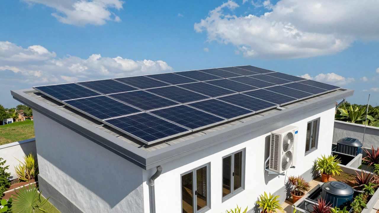 Rooftop solar panels and heat pump on a sustainable Indian home with rainwater tanks