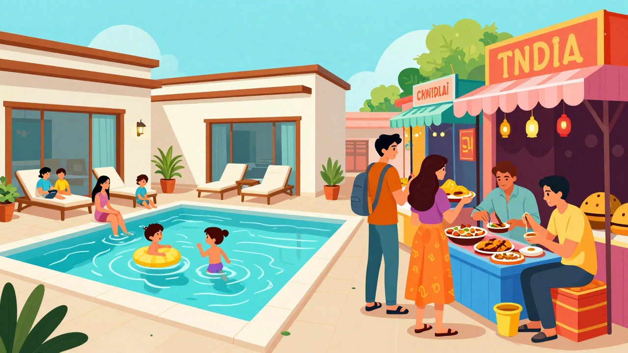 Split view of resort relaxation vs local street market