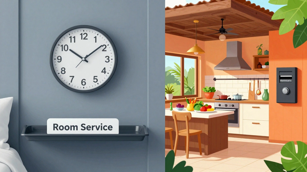 Visual comparison between a restrictive hotel room and a free self-catering villa