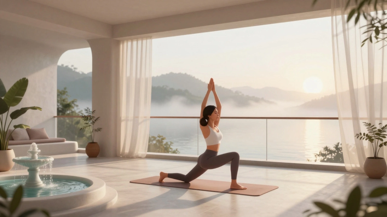 Woman practicing yoga on a private balcony overlooking nature