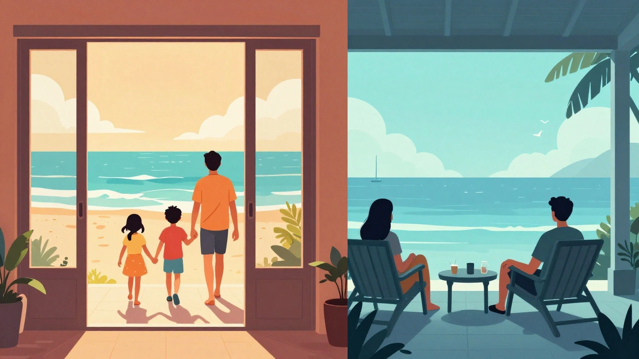 Conceptual split image contrasting direct beach access on the left with a quiet distant ocean view on the right