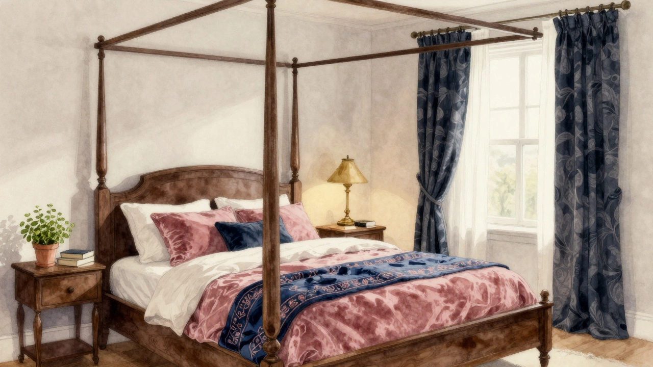 Cozy bedroom with a four-poster bed, layered textiles, and warm ambient lighting.