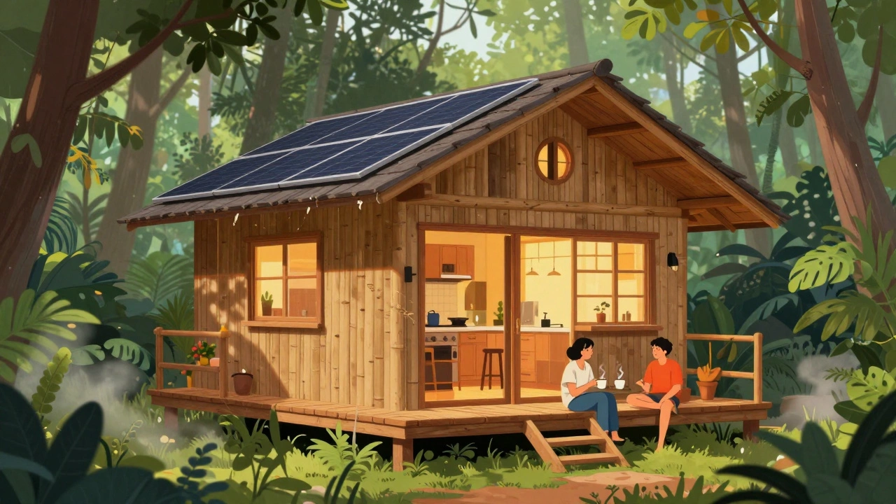 Cozy eco-cottage in Indian forest with solar panels and warm interior lighting