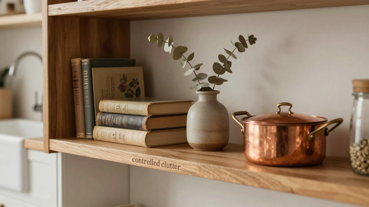 Curated rustic shelf with vintage books, dried flowers, and copper decor items.