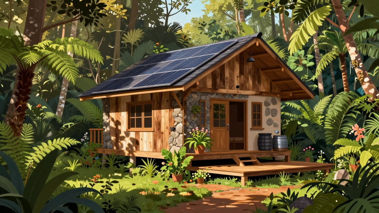 Eco-friendly cottage with solar panels in Indian forest