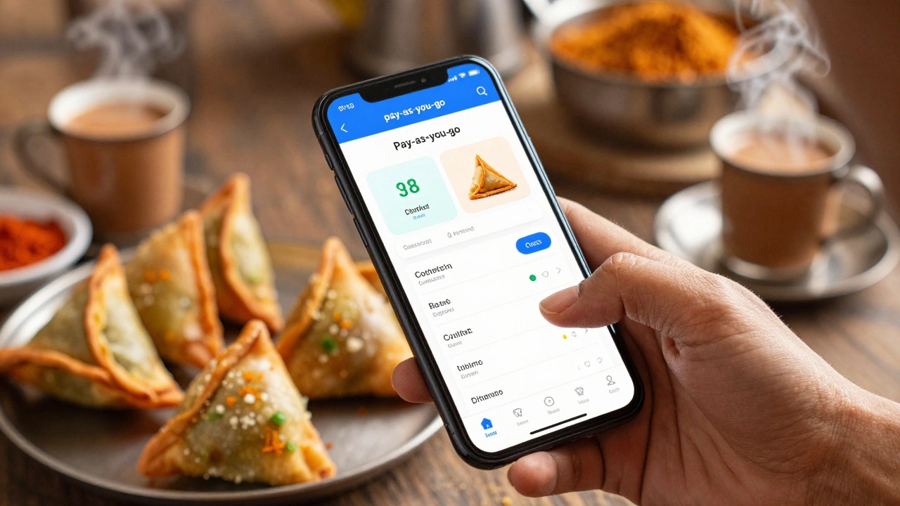 Hand using phone calculator near vibrant Indian street food market stalls