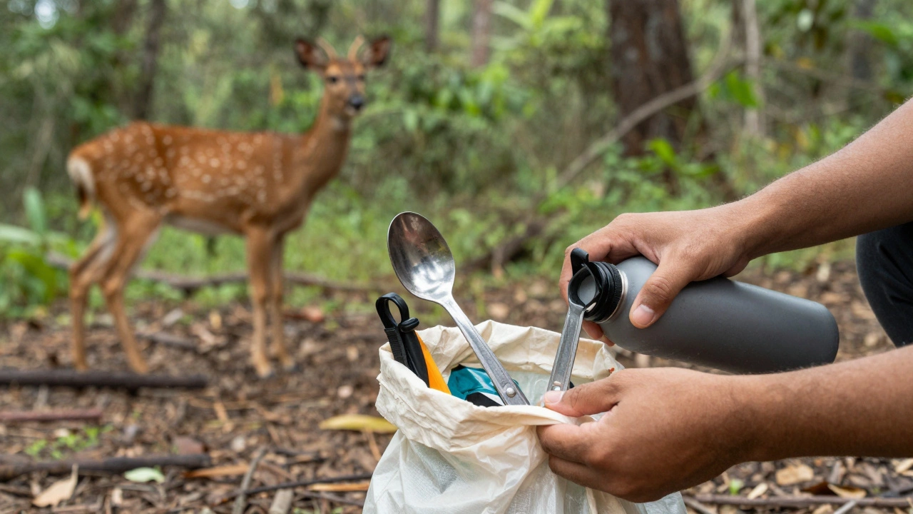 Hands packing waste and respecting wildlife in Indian woods