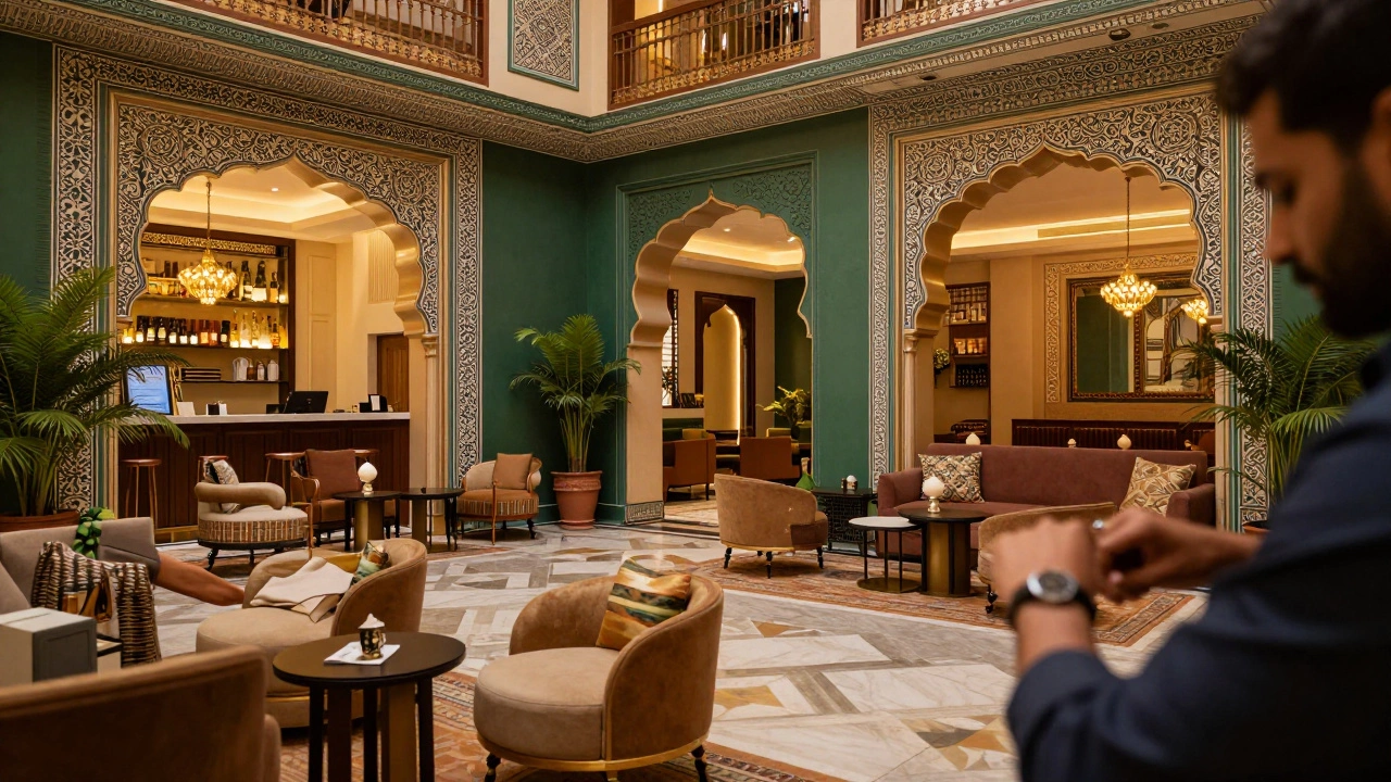 Luxurious boutique hotel lobby with warm Indian architectural details
