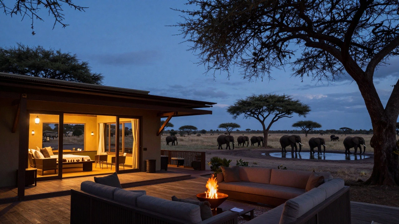 Luxury safari lodge at dusk with elephants
