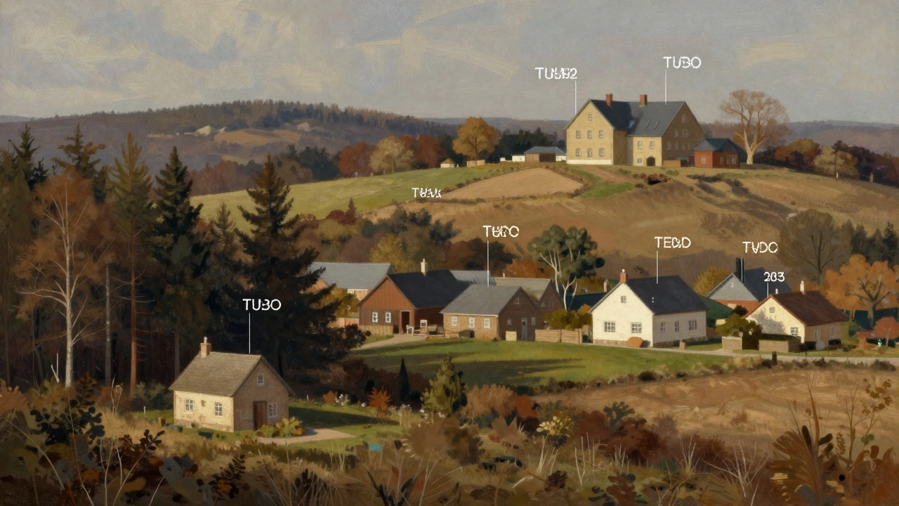 Rural landscape showing different building scales