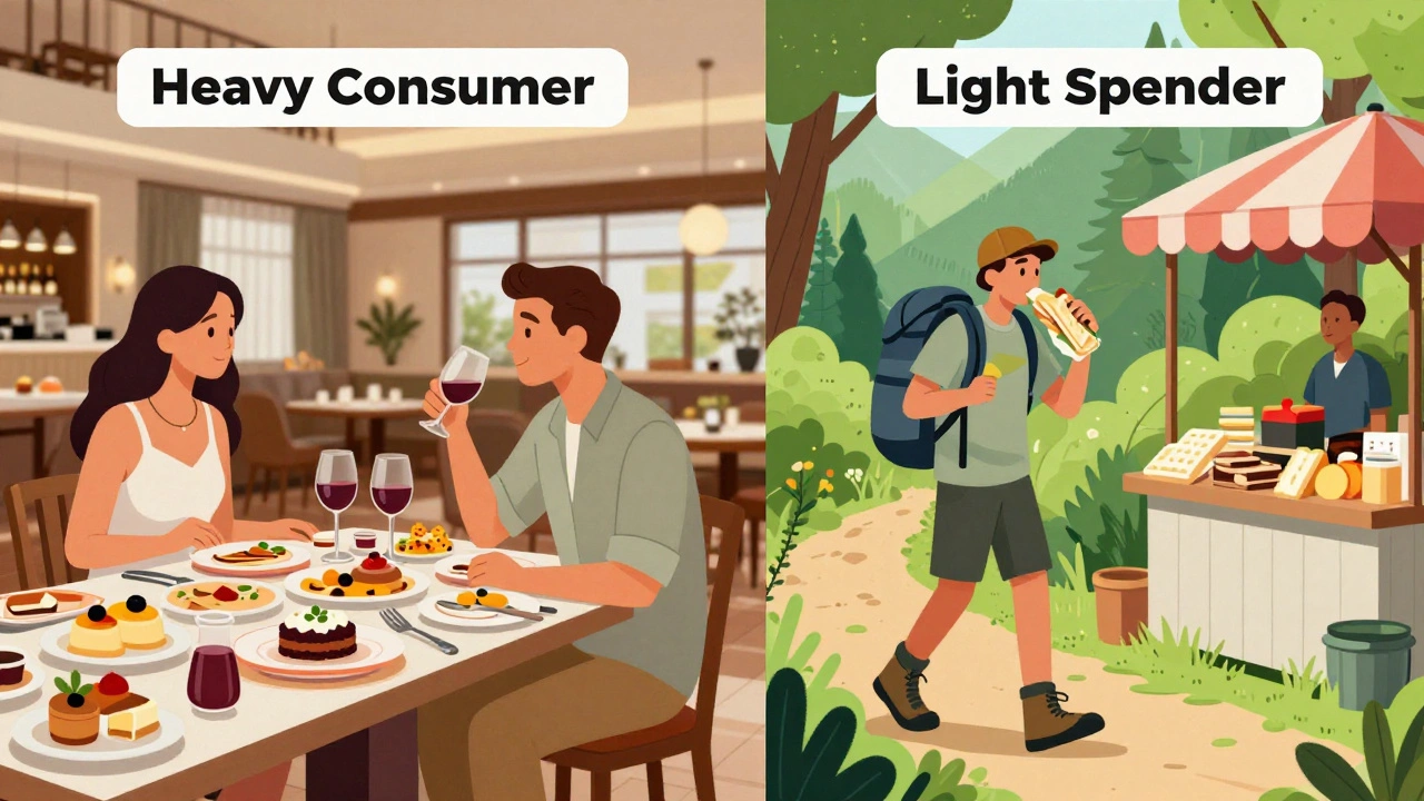 Split view showing heavy resort consumers vs a solo hiker eating locally