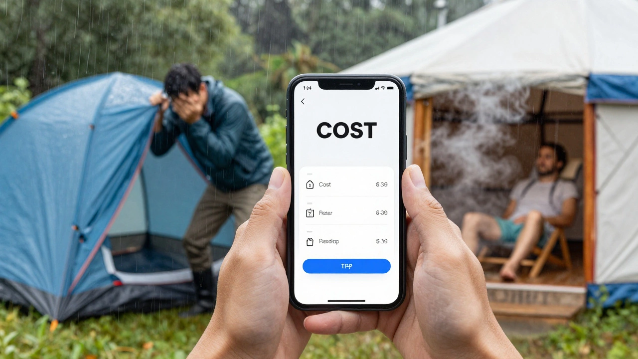 Visual metaphor comparing stressful camping setup to relaxed glamping comfort