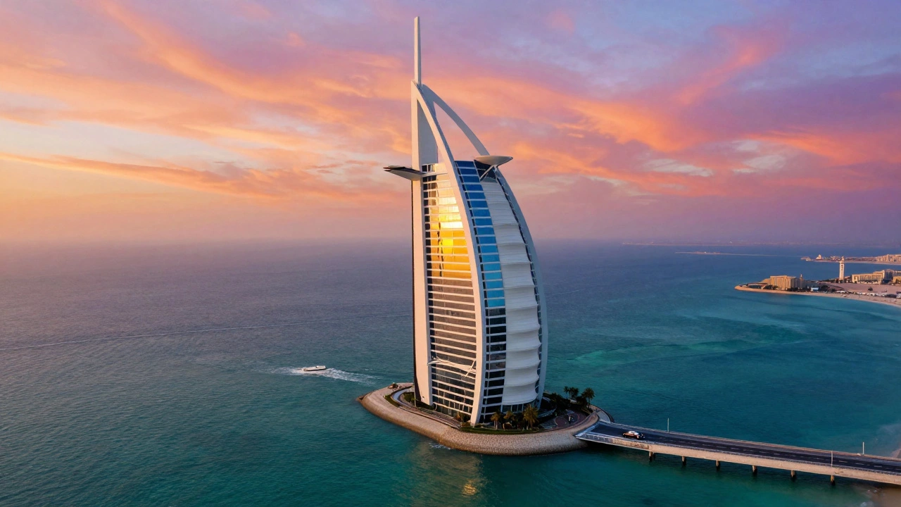 Aerial view of Burj Al Arab hotel in Dubai at sunset