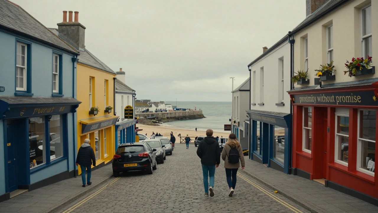 Bustling seaside town street leading to harbor view