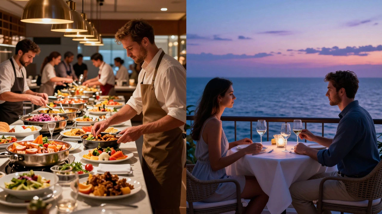 Comparison of busy buffet vs private luxury dining at resorts